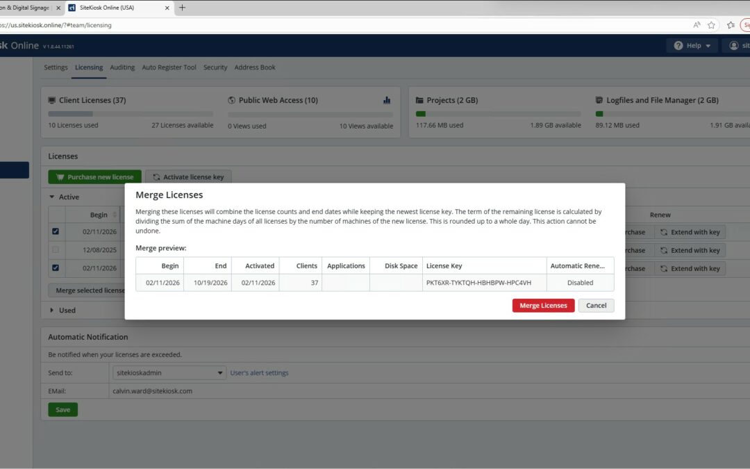 How do I Activate or Merge Licenses in SiteKiosk Online?