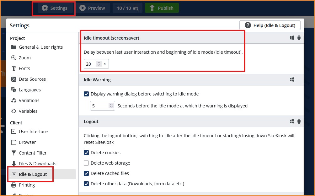 Screensaver idle settings SiteKiosk Online