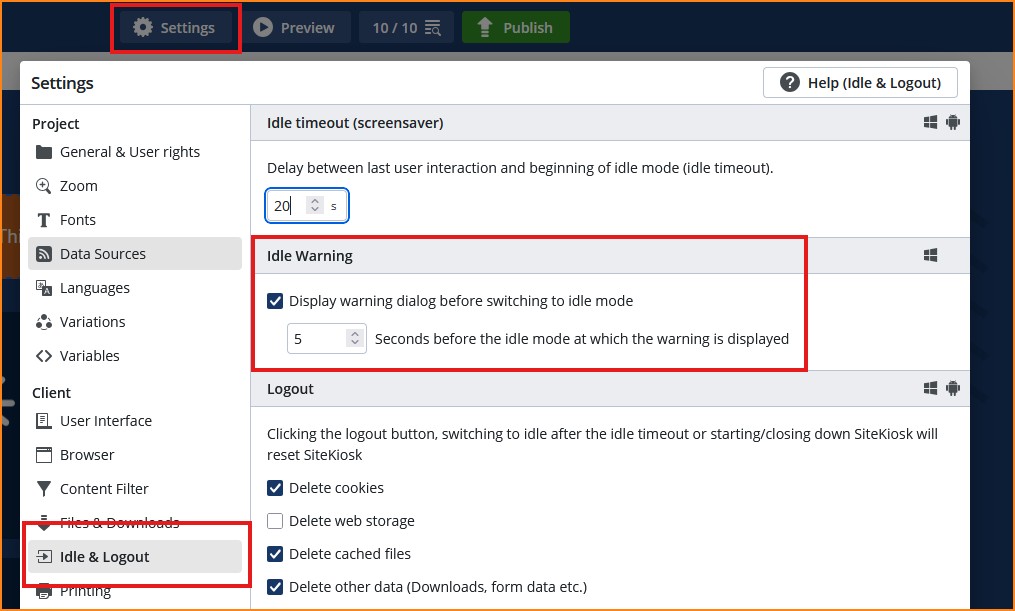 How do I set up an idle time alert in SiteKiosk Online?