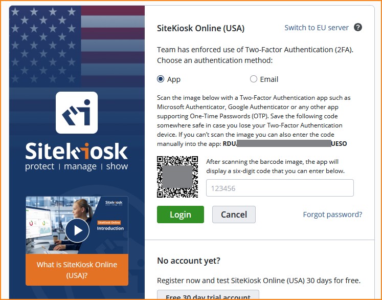 Activate 2FA in SiteKiosk Online